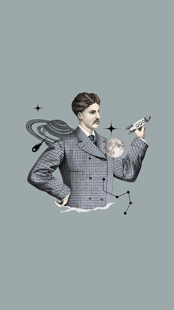 Vintage astronomer man, galaxy remix