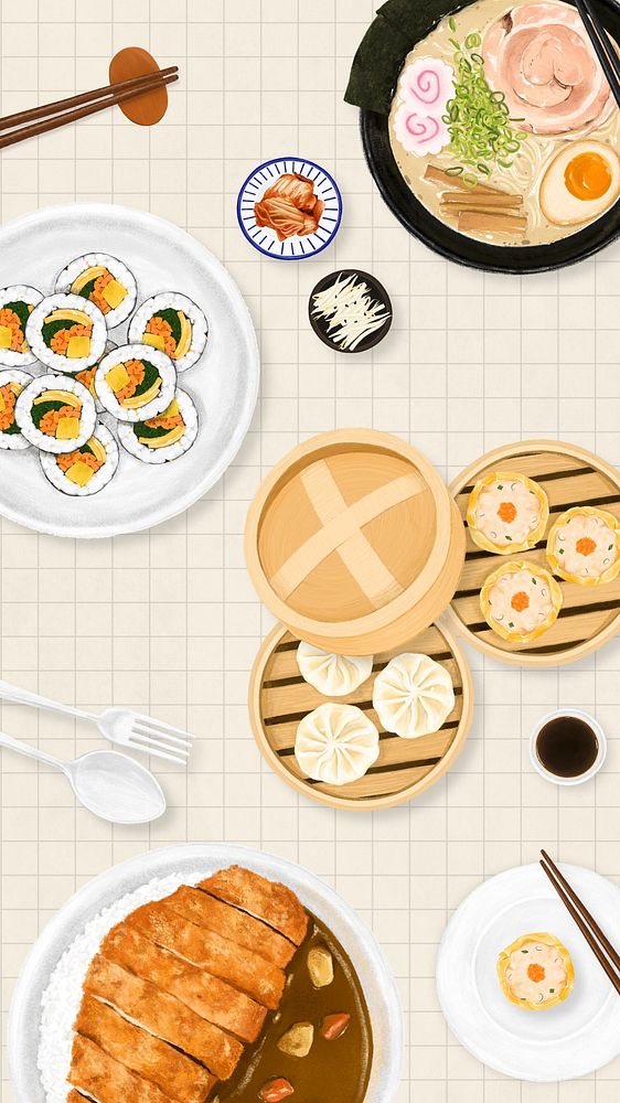 Asian cuisine iPhone wallpaper, food illustration
