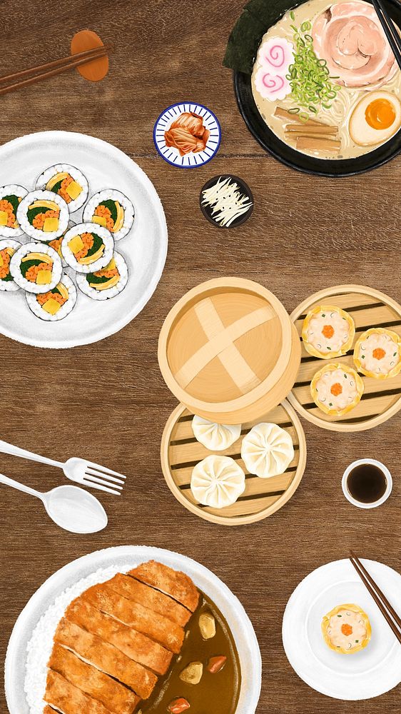 Asian cuisine iPhone wallpaper, food illustration