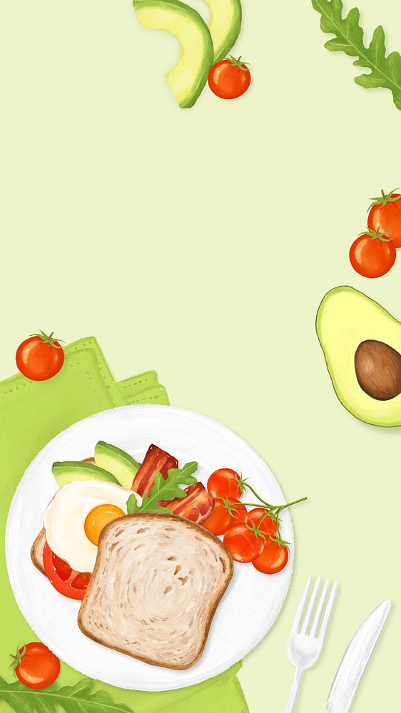 Avocado toast breakfast iPhone wallpaper, food illustration