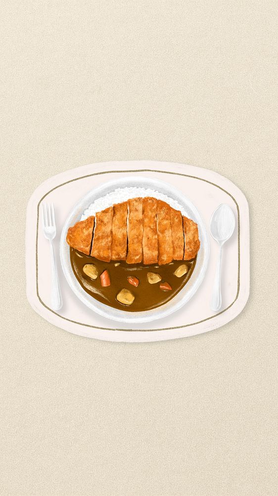 Japanese curry iPhone wallpaper, pork cutlet food illustration