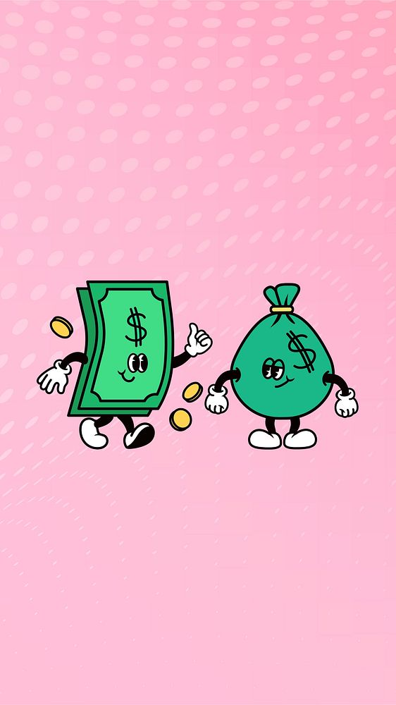 Dollar bill & money bag, finance cartoon character illustration