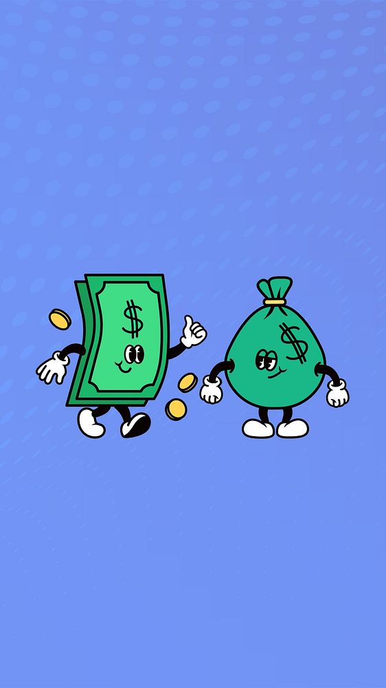 Dollar bill & money bag, finance cartoon character illustration