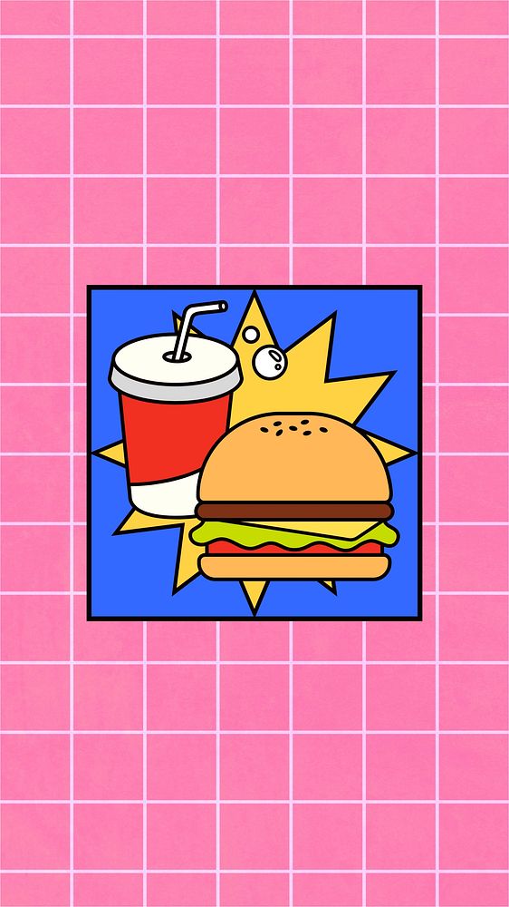 Cute junk food iPhone wallpaper, burger and soda illustration