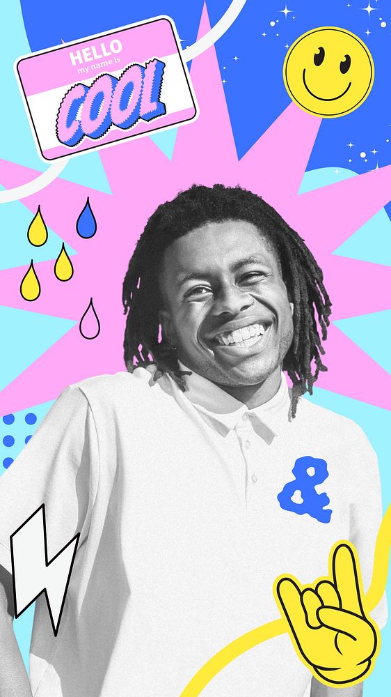 Cheerful black man iPhone wallpaper,  funky collage art