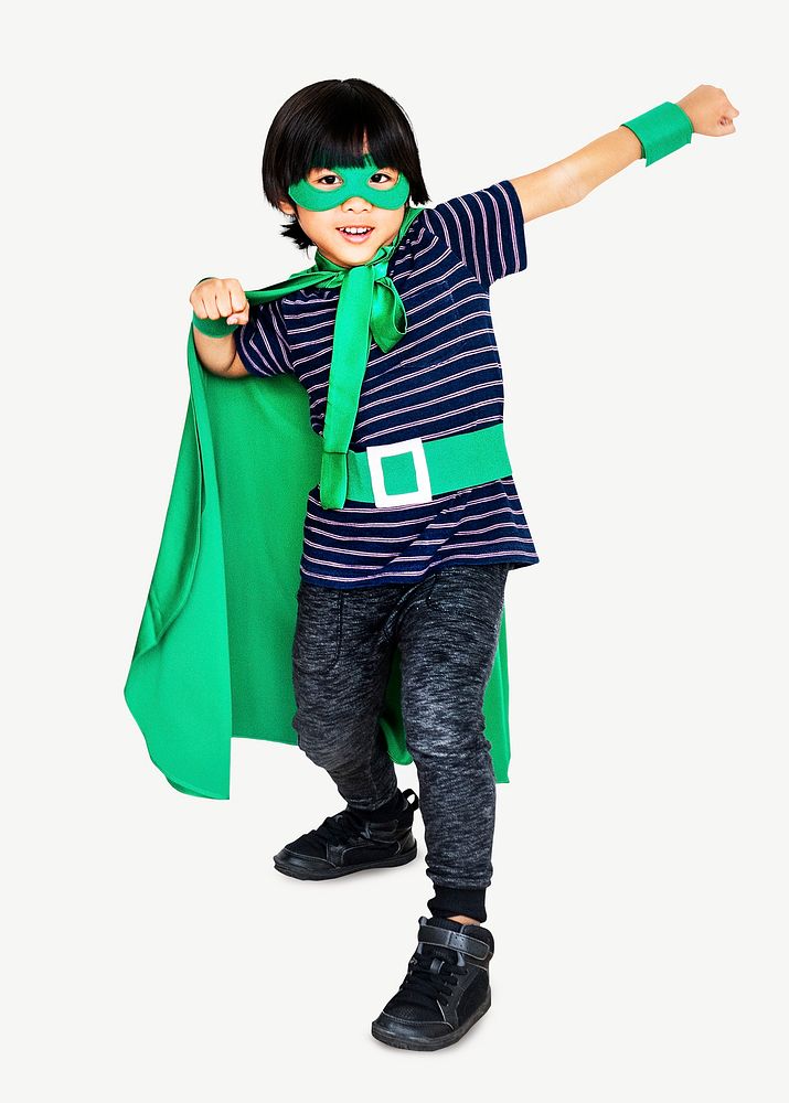 Asian boy green superhero costume psd