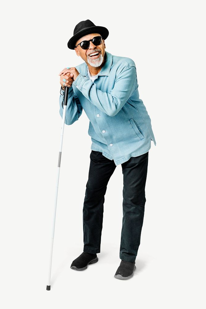 Blind senior man posing with cane psd