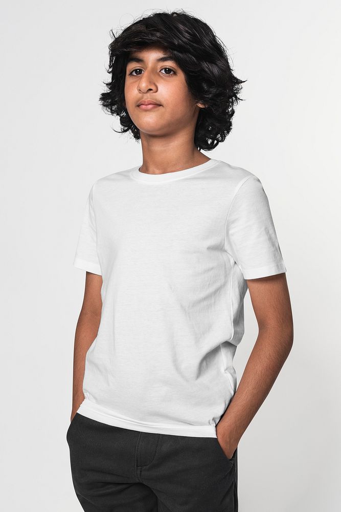 White tee mockup psd for boys basic teen&rsquo;s apparel studio shoot