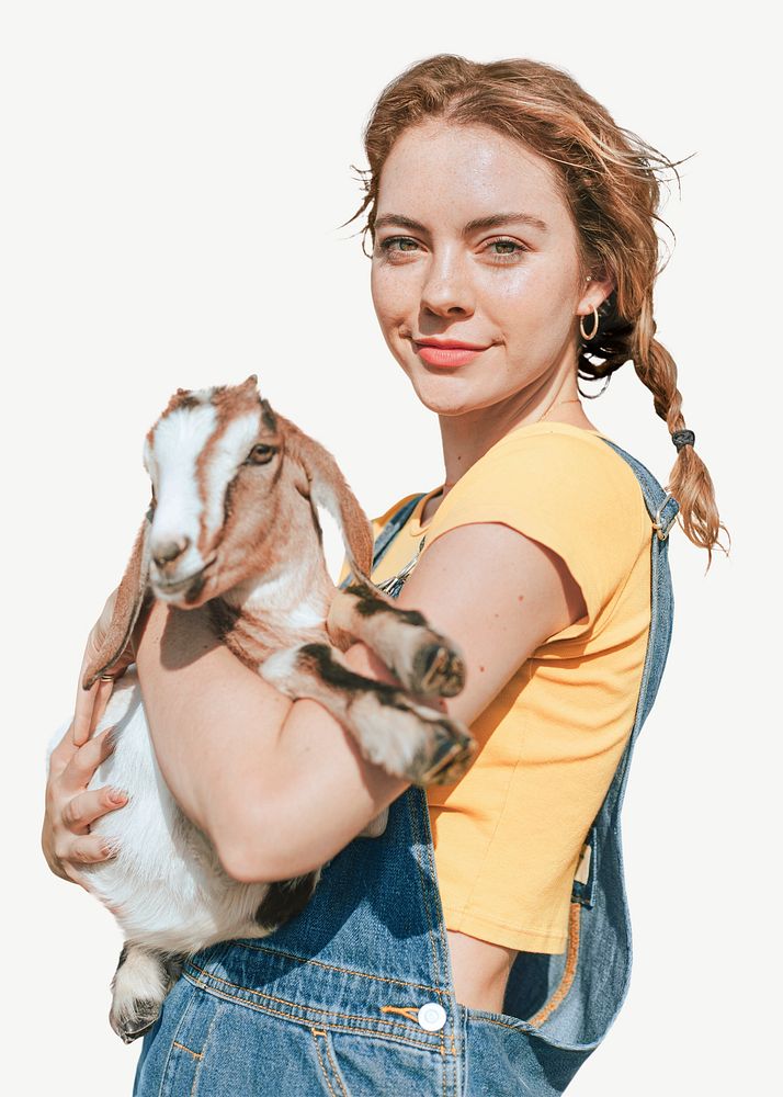 Farm girl carrying goat psd