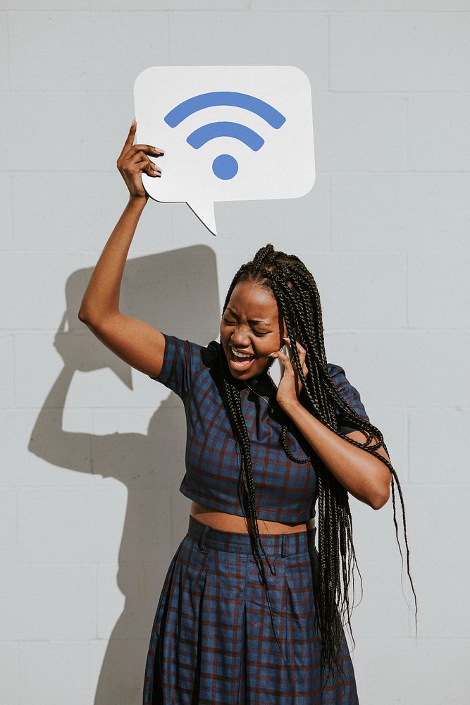 Black woman holding communication speech bubble sign