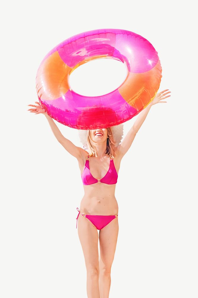 Woman pink bikini playing collage element psd