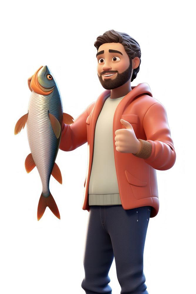 Holding a fish standing smiling cartoon. AI generated Image by rawpixel.