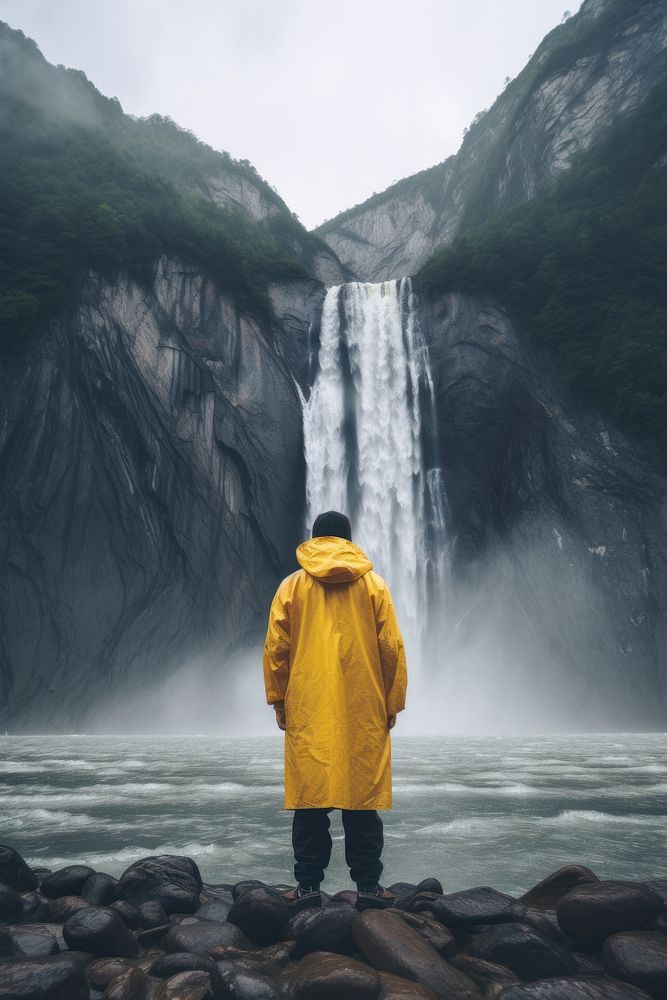 Raincoat standing yellow rock. AI generated Image by rawpixel.