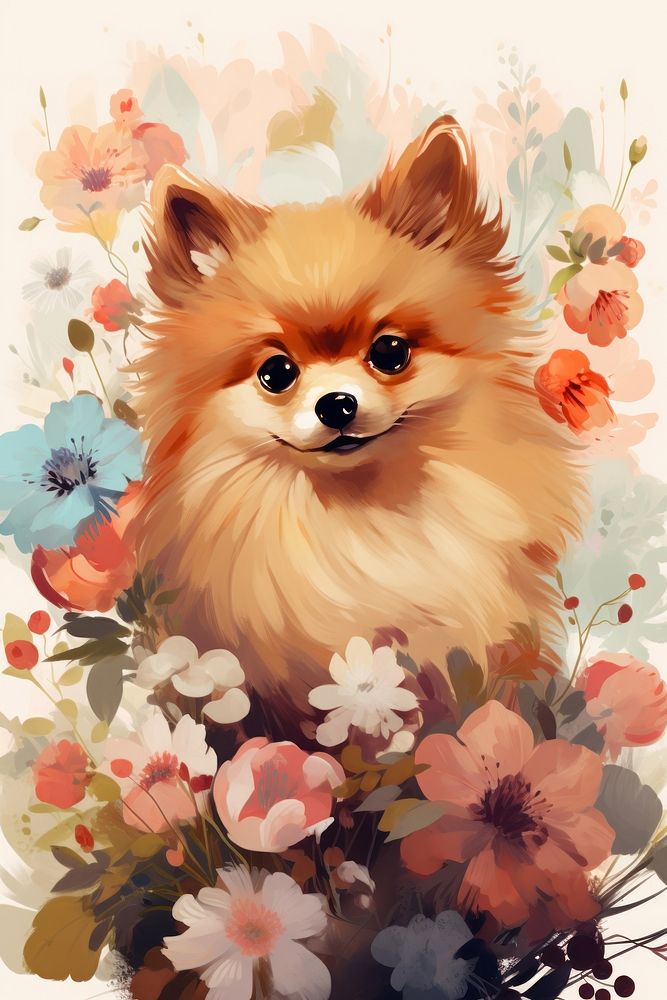 Pomeranian painting mammal animal. AI generated Image by rawpixel.