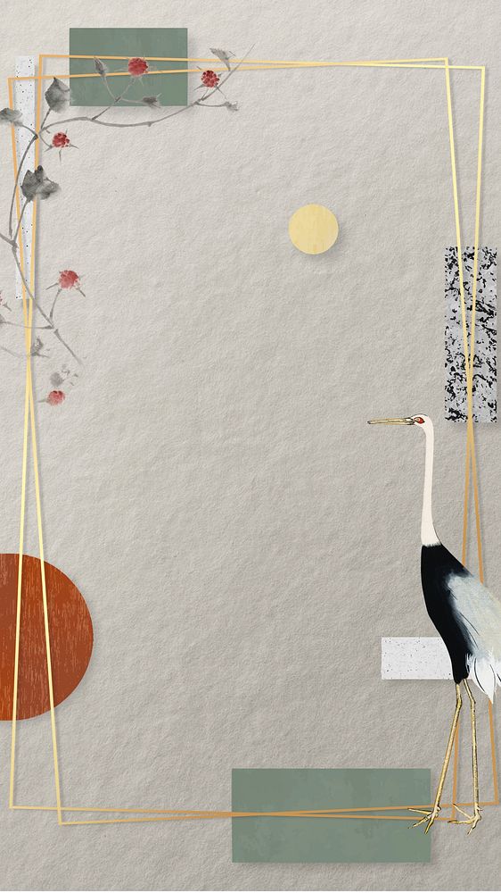 Vintage crane bird iPhone wallpaper, gold frame
