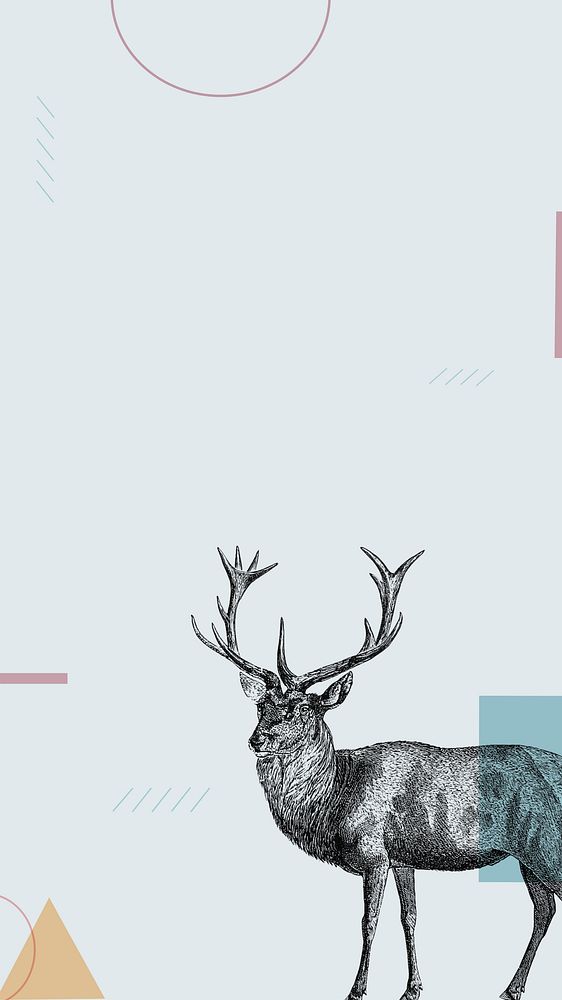 Blue geometric iPhone wallpaper, stag deer illustration