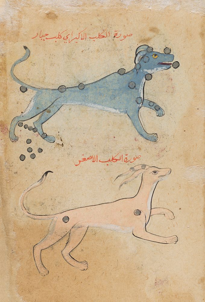 The Constellations Argo and Hydra (recto), The Constellations Canis Major and Canis Minor (verso), Folio from an Ajaib al…