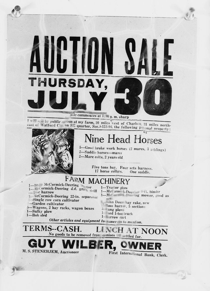 Auction sale poster. Charlson (vicinity), South Dakota by Russell Lee