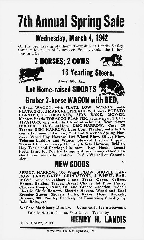 Manheim, Landis Valley, Pennsylvania. Advertisement of an auction. Sourced from the Library of Congress.