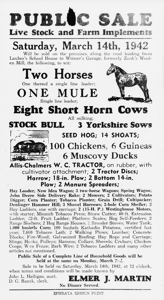 Lancaster County, Pennsylvania. Advertisement of an auction. Sourced from the Library of Congress.