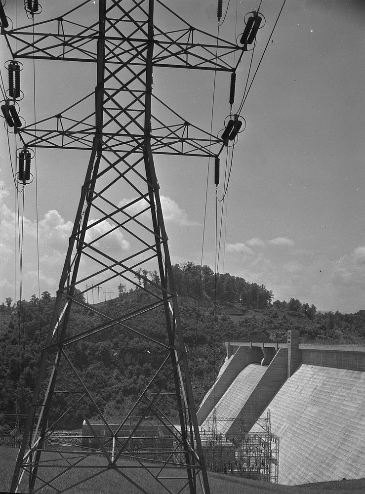 Norris Dam, Tennessee. Tennessee Valley Authority. Transmission tower. Sourced from the Library of Congress.