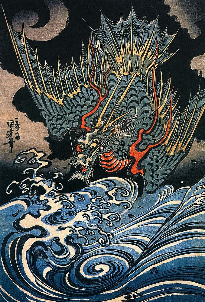 Dragon flying above turbulent waves (1831), vintage Japanese illustration by Utagawa Kuniyoshi. Original public domain image…