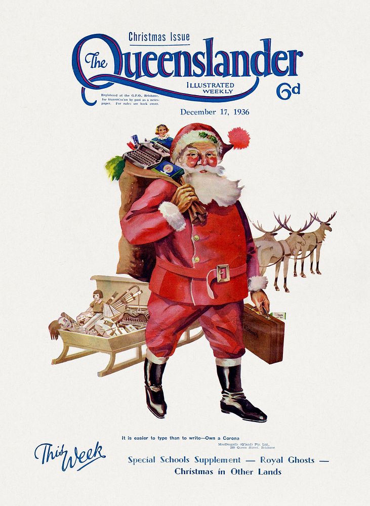 Illustrated front cover from The Queenslander December 17 (1936), vintage Santa Claus illustration. Original public domain…