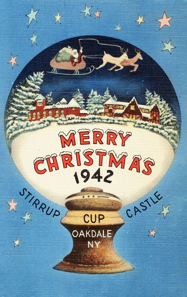 Merry Xmas, 1942. Stirrup Cup Castle. Oakdale, N. Y. (1930&ndash;1945), vintage snow globe illustration. Original public…
