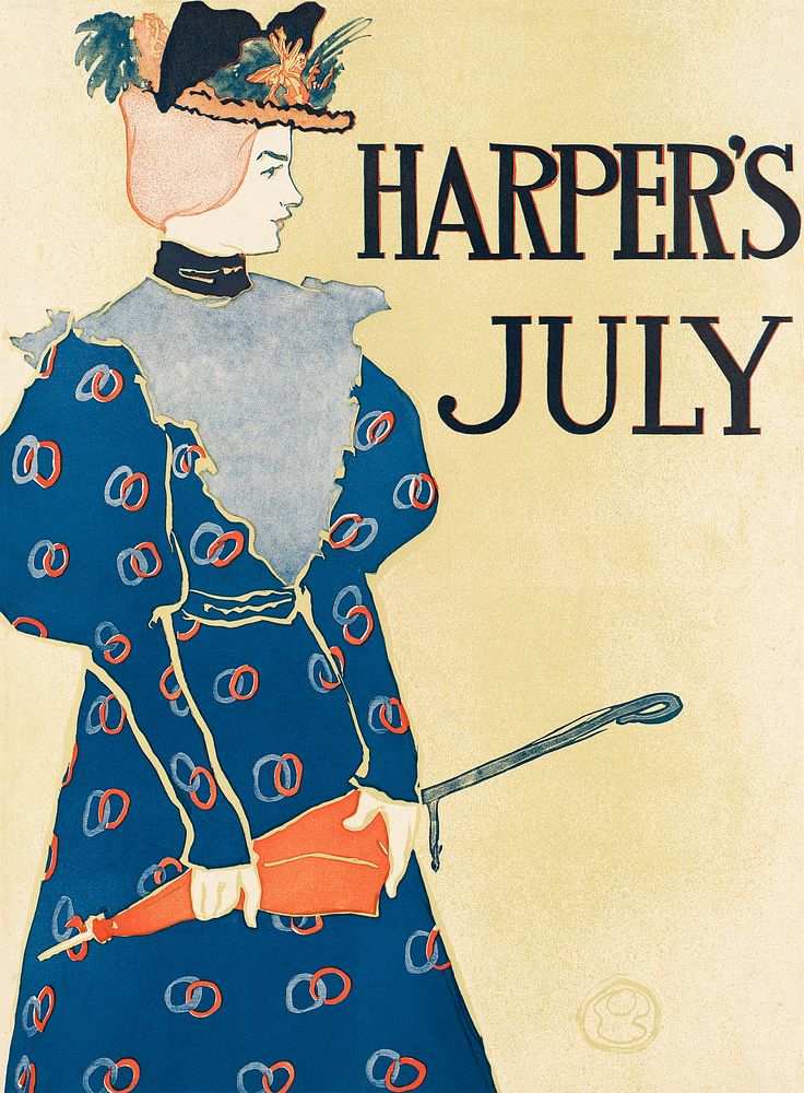 Harper's July (1896), woman holding an umbrella illustration by Edward Penfield. Original public domain image from Digital…