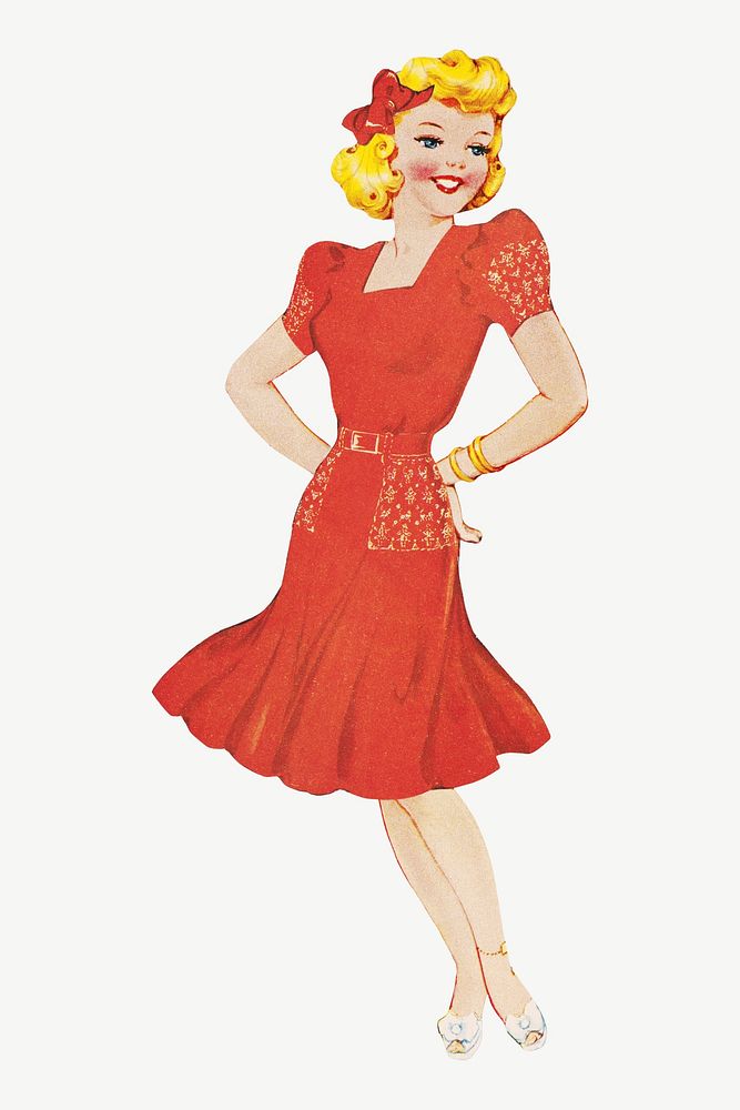 Babs paper doll in outfits with hands on hips,, vintage woman illustration psd. Remixed by rawpixel.