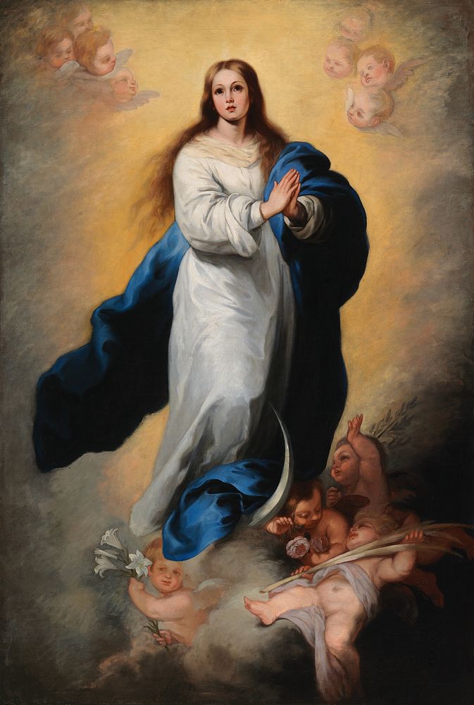 The immaculate conception of escorial, copy after murillo (1863), vintage religion illustration by Adolf von Becker.…