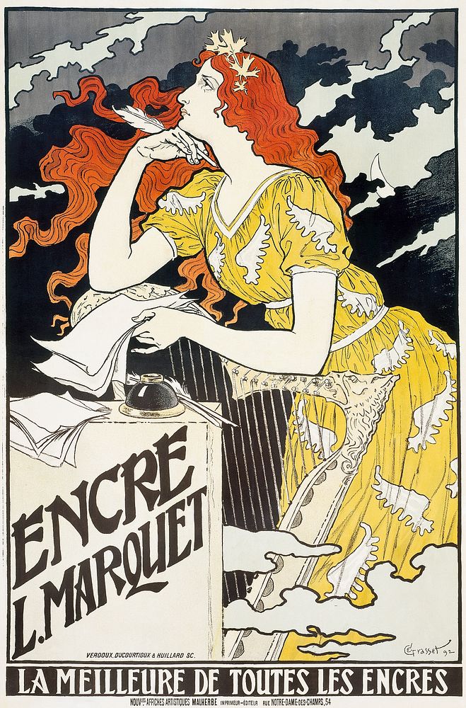 Encre L. Marquet (1892), vintage woman illustration by Eugene Samuel Grasset. Original public domain image from The Los…