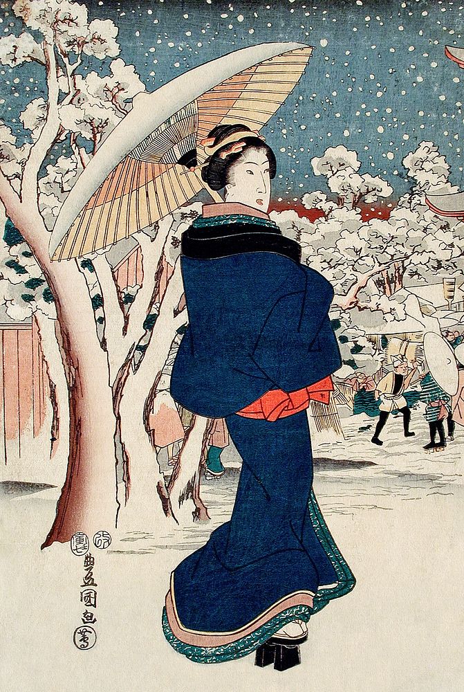 Famous Places in the Eastern Capital: The Year-end Fair at Asakusa (1854), vintage Japanese woman illustration by Utagawa…