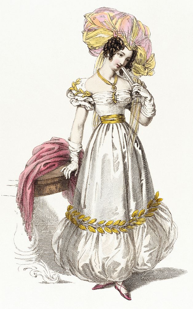 Fashion Plate, 'Evening Dress' for 'The Repository of Arts' (1825), vintage Victorian woman illustration by Rudolph…
