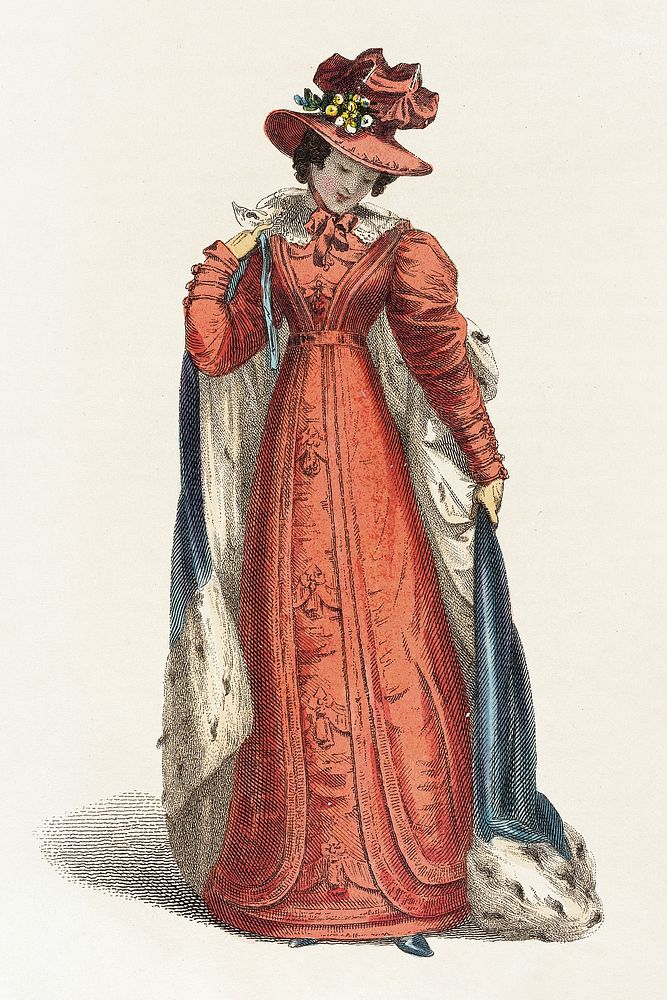 Fashion Plate, 'Promenade Dress' for 'The Repository of Arts' (1825), vintage Victorian woman illustration by Rudolph…