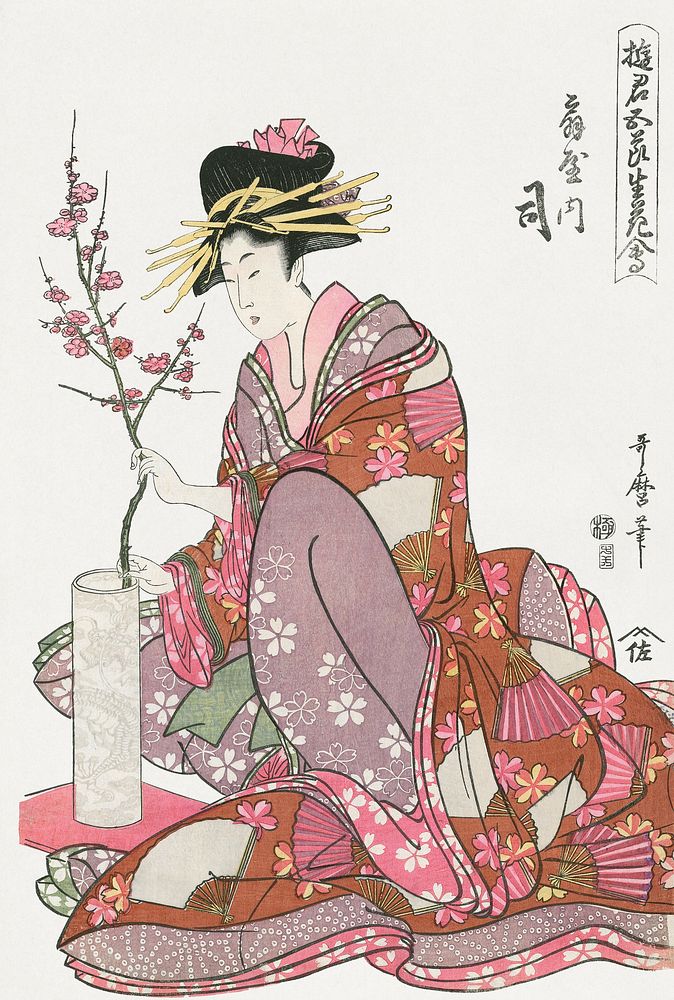 Tsukasa of Ogiya (1805), vintage Japanese woman illustration by Kitagawa Utamaro. Original public domain image from The Los…