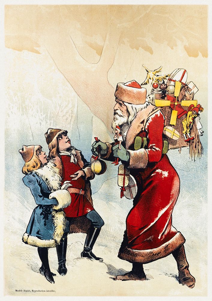 Imprimerie A. Appel. &ldquo;Santa Claus and two children&rdquo;. Poster. Color lithograph (1880-1990), vintage Christmas…