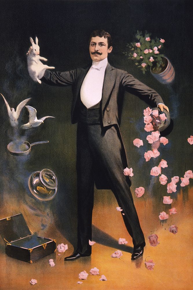 Zan Zig performing with rabbit and roses, including hat trick and levitation (1899), vintage magician illustration by…