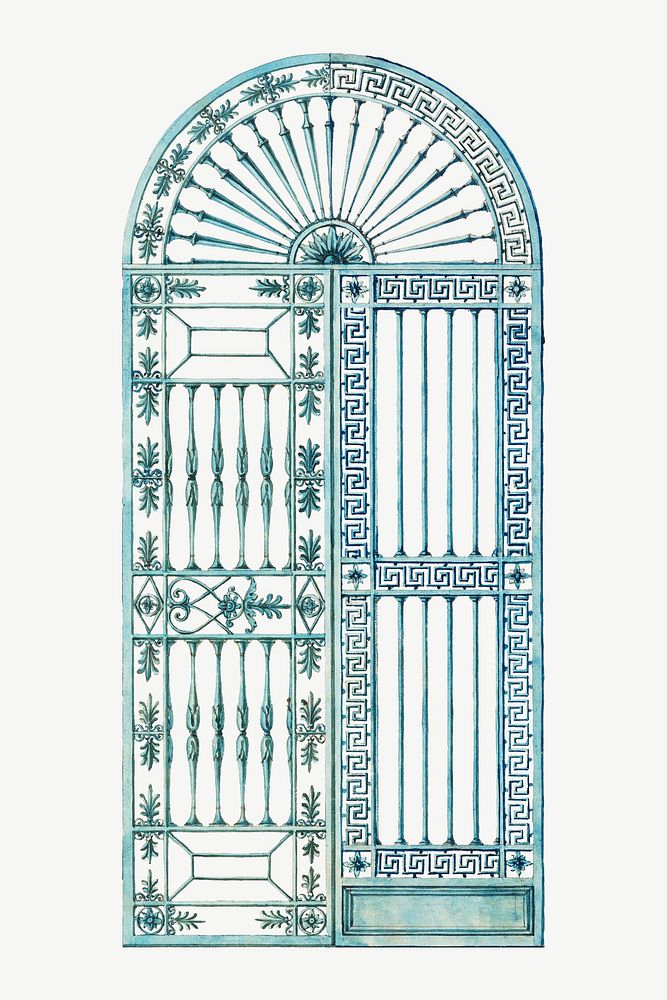 Blue arched iron gate, vintage illustration psd. Remixed by rawpixel.
