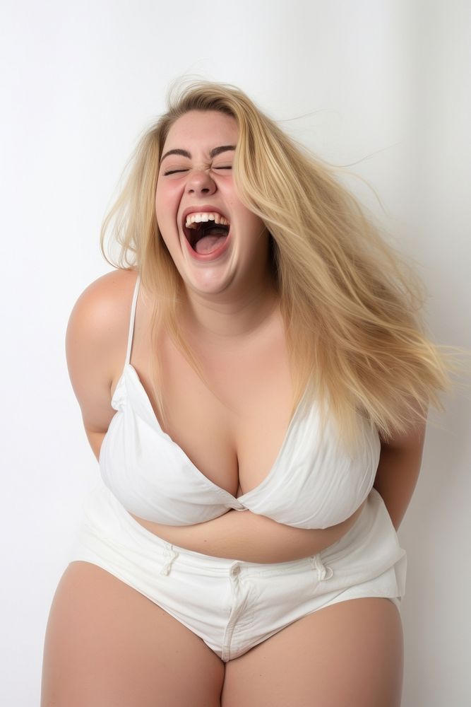 Laughing adult white white background. 