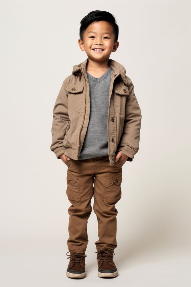 Child standing jacket khaki. AI generated Image by rawpixel.