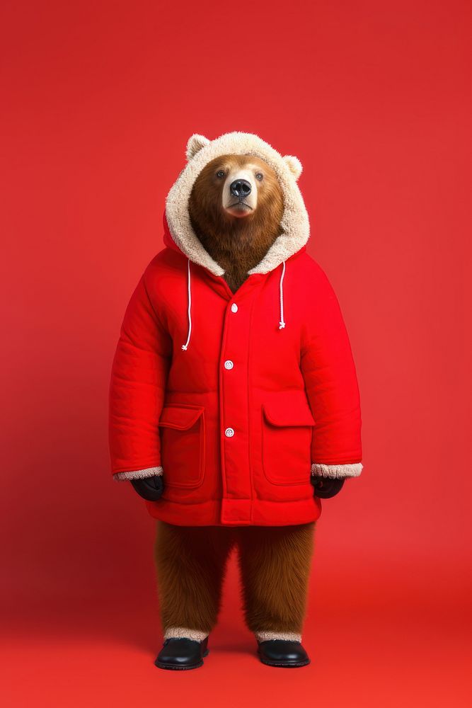 Coat hood bear red. 