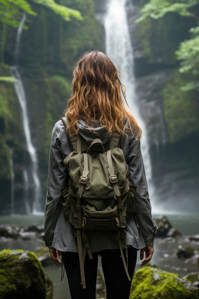 Waterfall backpack recreation adventure. AI generated Image by rawpixel.