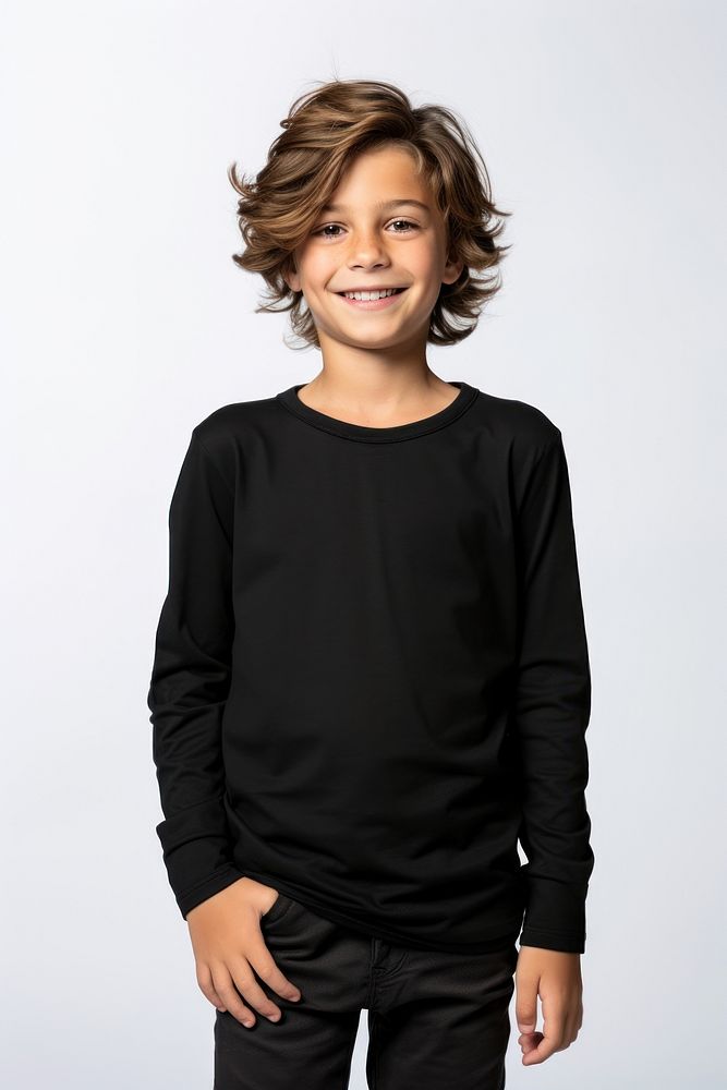 A kid smiling wearing a black long sleeve T-shirt portrait photography sweatshirt. AI generated Image by rawpixel.