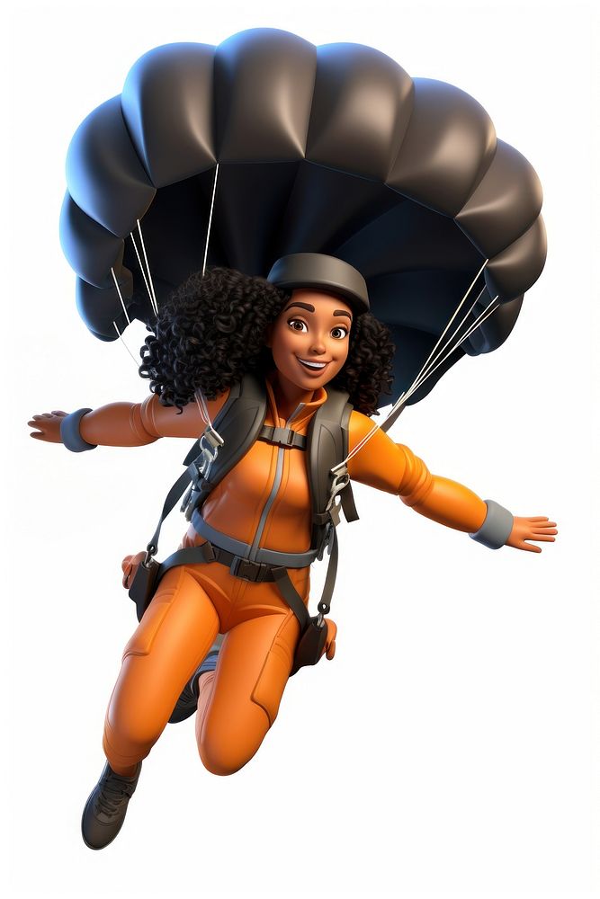 Parachuting cartoon adult woman. 