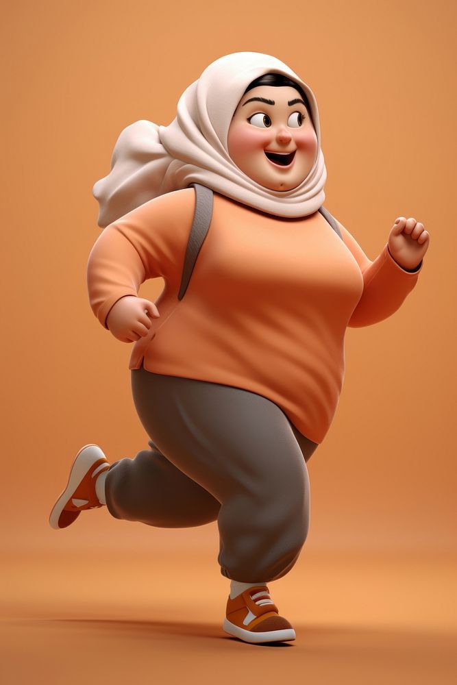 Muslim woman running portrait cartoon representation. 