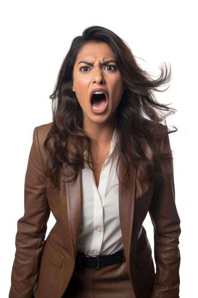 Shouting adult women white background. 