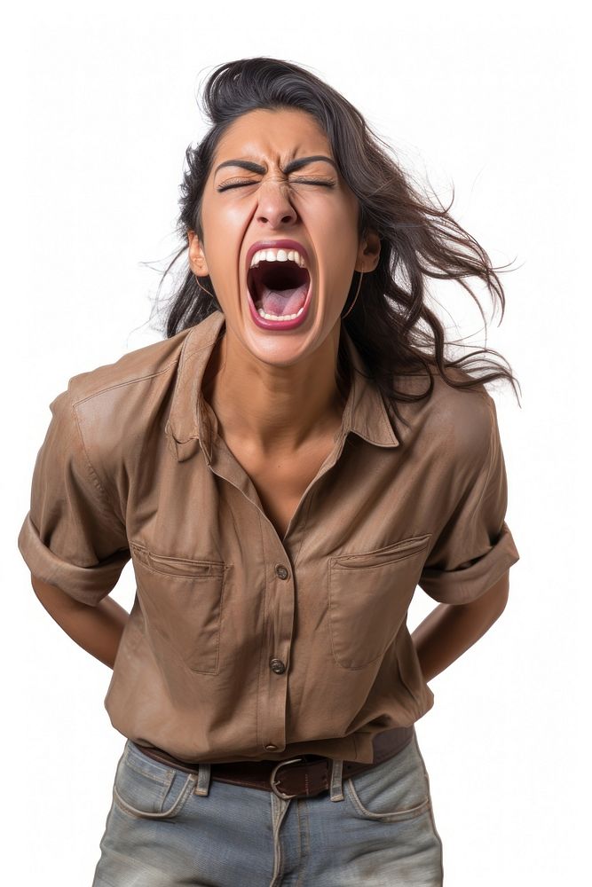 Shouting adult women white background. 