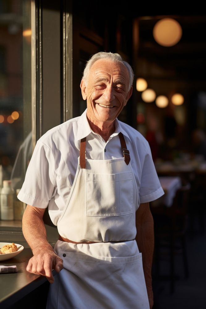 Adult smiling apron chef. 