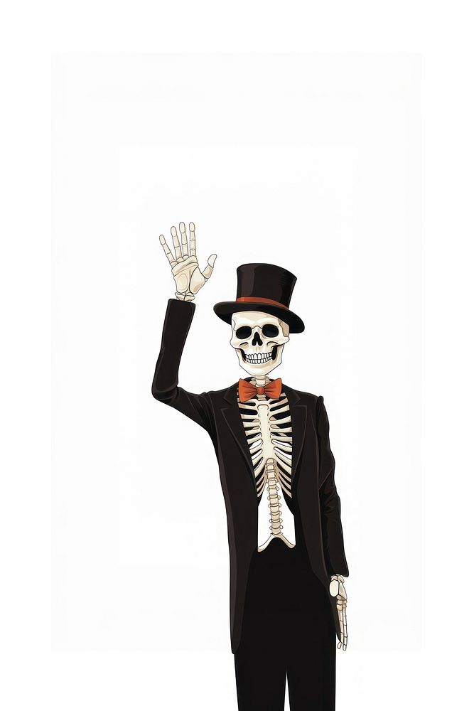 Happy skeleton waving hand costume adult white background. AI generated Image by rawpixel.